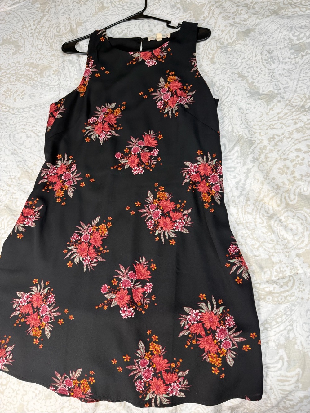Pink Rose Black Sleeveless Mini Dress with Pink & Orange Floral Print